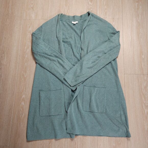 J Jill Open Cardigan Sweater L Green Cotton Blend Wool Silk Blend Pockets Soft - Picture 1 of 8